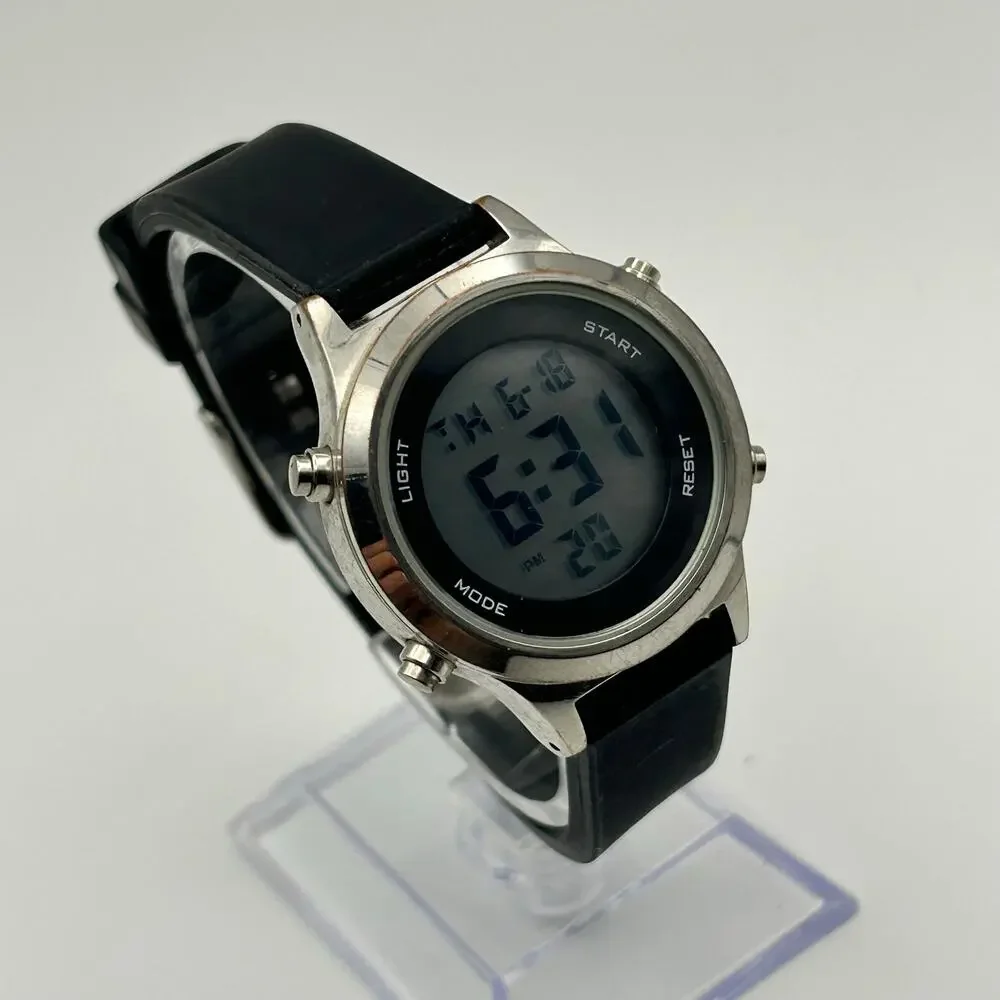 Silver-tone Case Black Digital Watch Stainless Steel Working New Battery